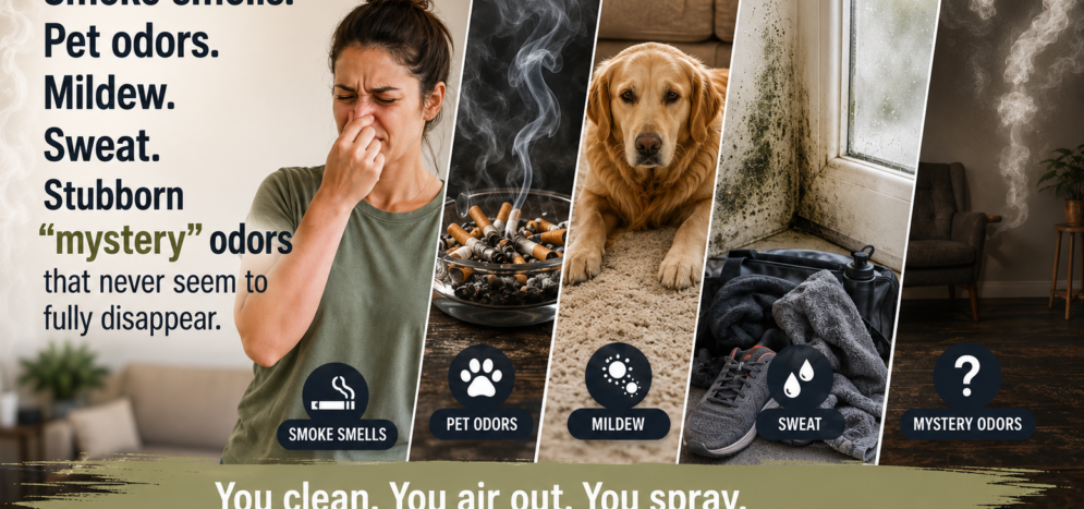 Woman plugging her nose from various smells and from pet odors