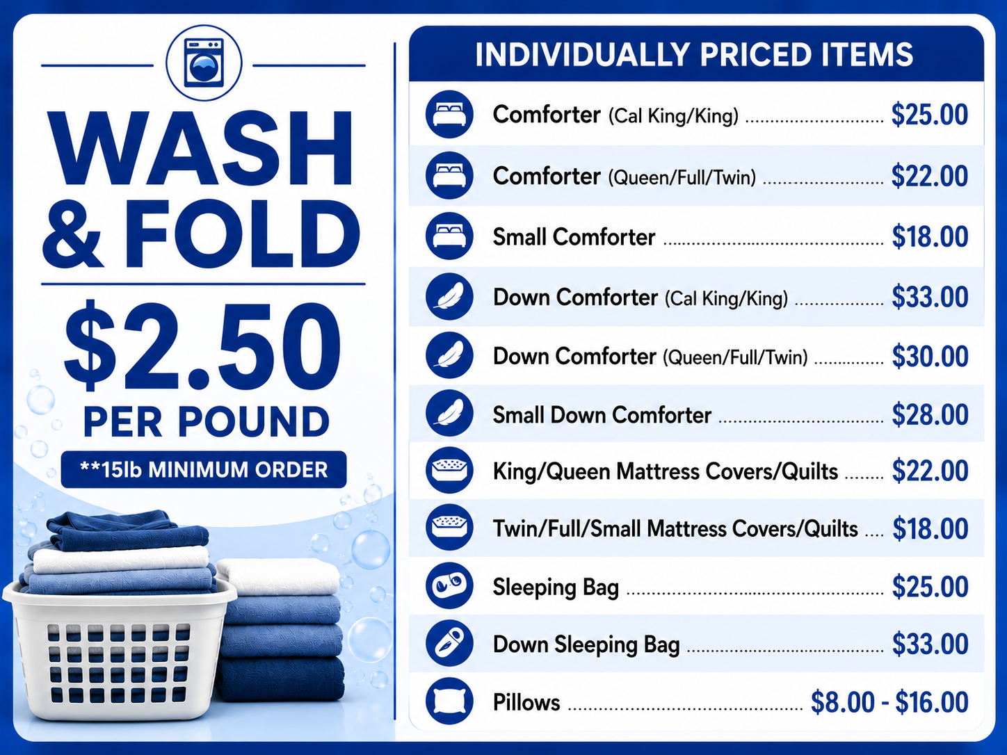 Bubbles Pickup Price List for Laundry Items